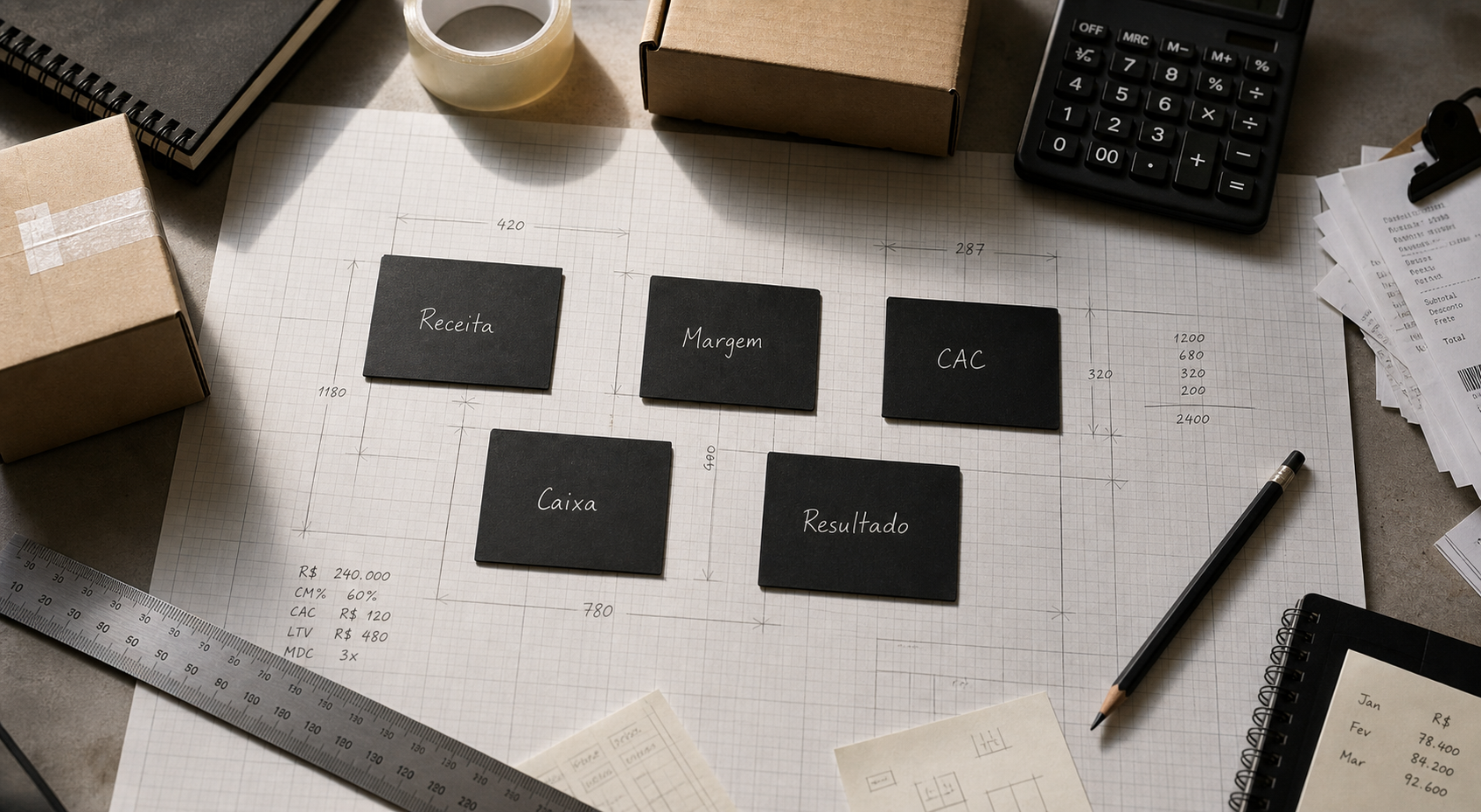 Blueprint financeiro de e-commerce com papel milimetrado, cartões de receita, margem, caixa, CAC e resultado, régua, calculadora e embalagens