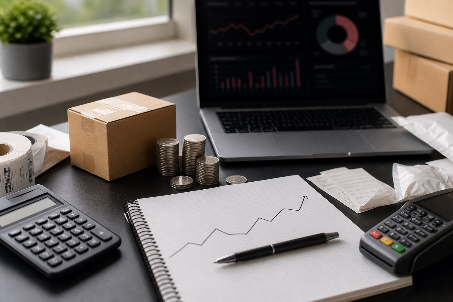 Mesa realista de operação de e-commerce com notebook, pacotes, moedas, calculadora e gráfico de crescimento