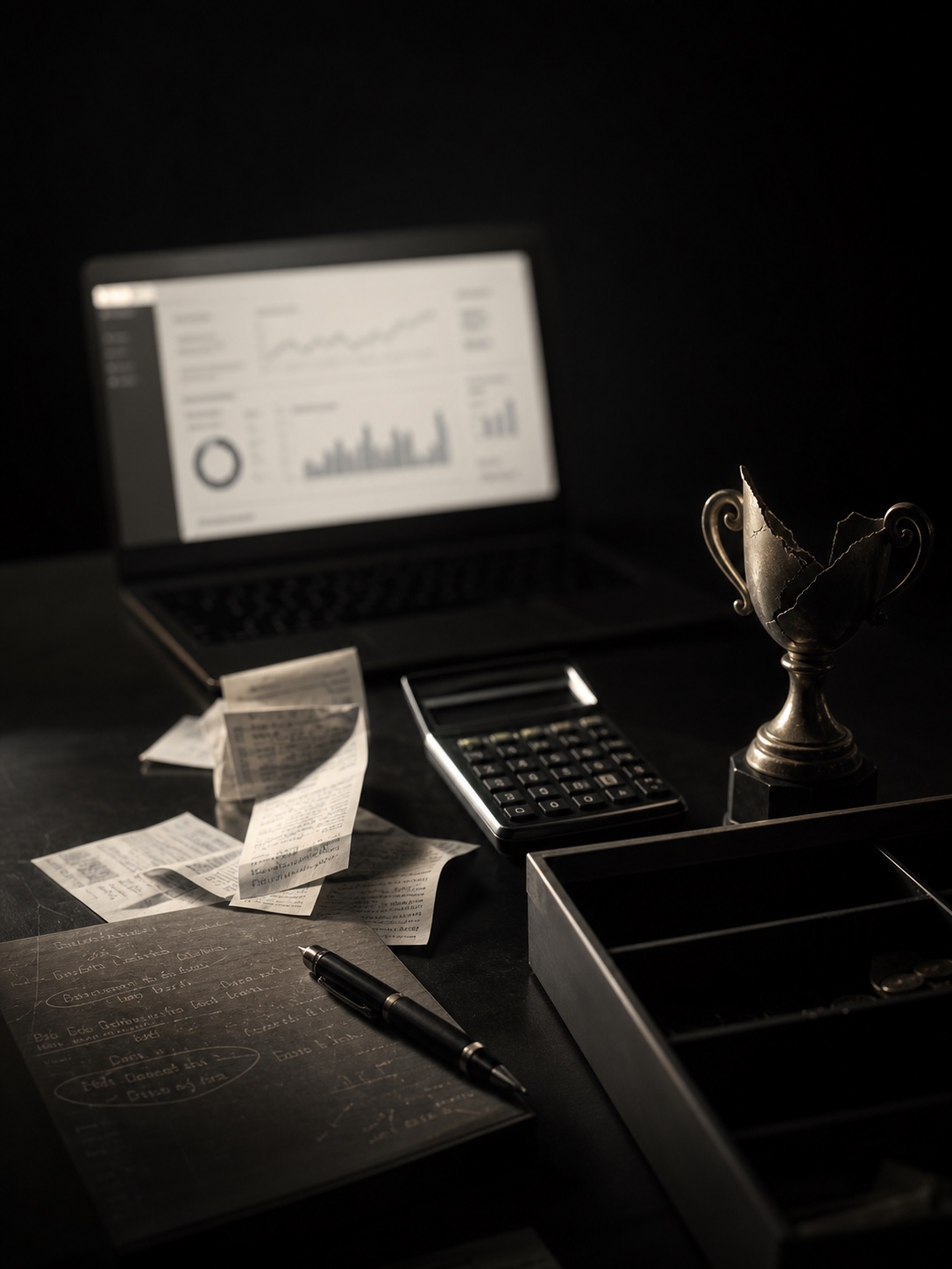 Mesa escura com dashboard desfocado, calculadora, recibos, caixa vazia e troféu rachado